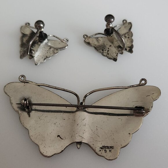 1950-S SK JAPANESE VINTAGE BLACK ENEMEL ENGRAVED STERLING SILVER BUTTERFLY BROOC - Picture 3 of 7